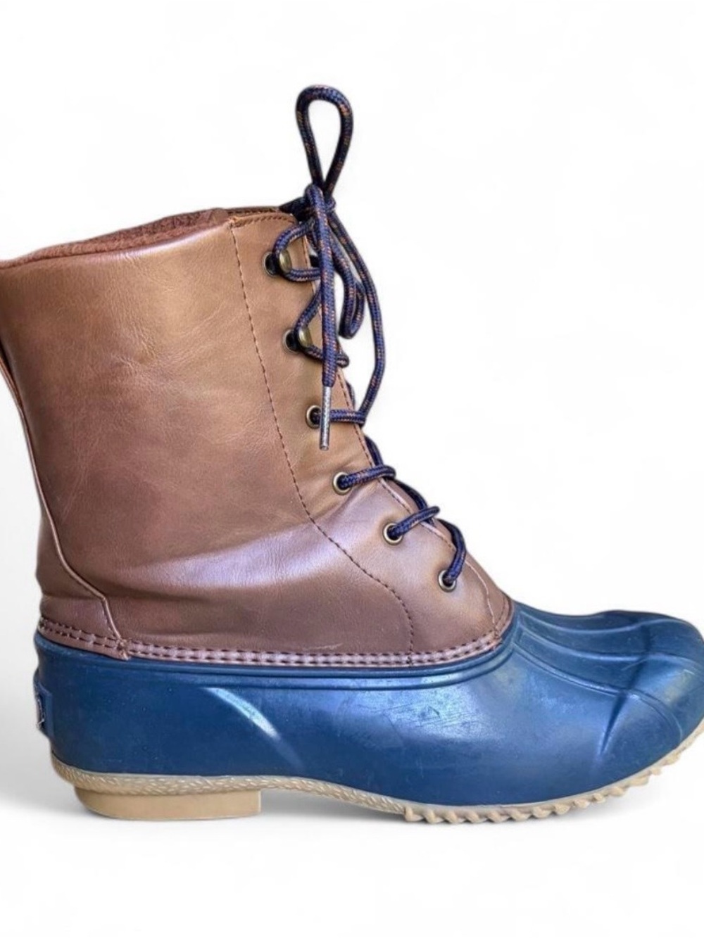 London Fog Men’s Cognac/Navy Duck Boots. Size 9 US.